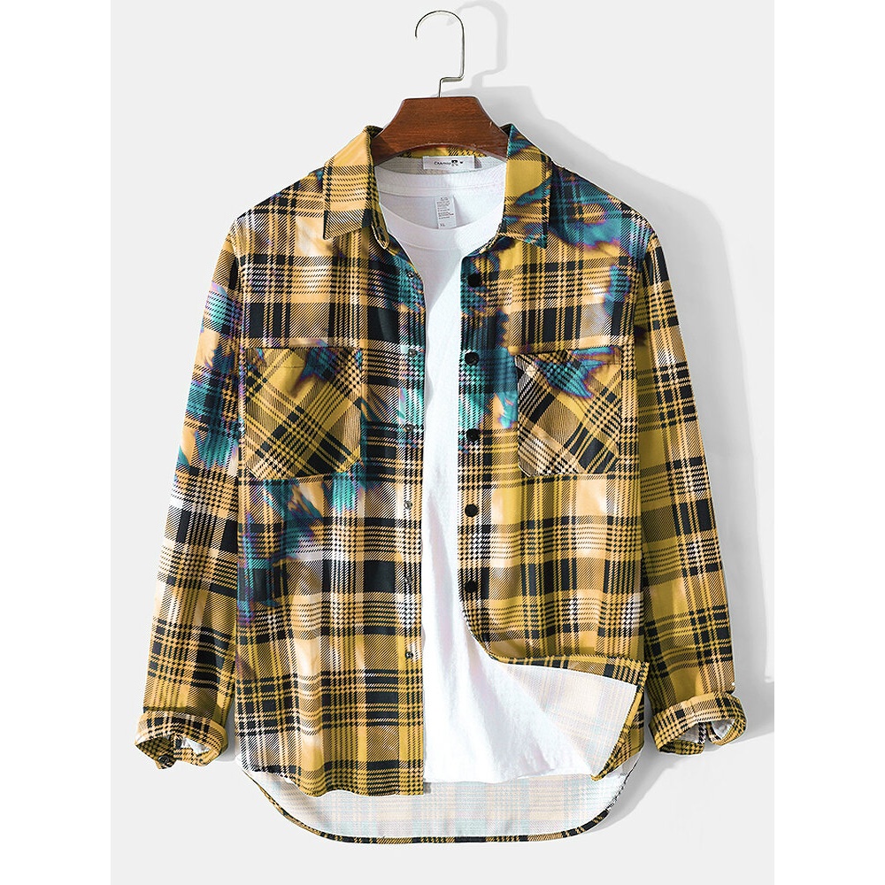 Mens Ombre Plaid Button Up Double Pocket Casual Long Sleeve Shirts - Red S