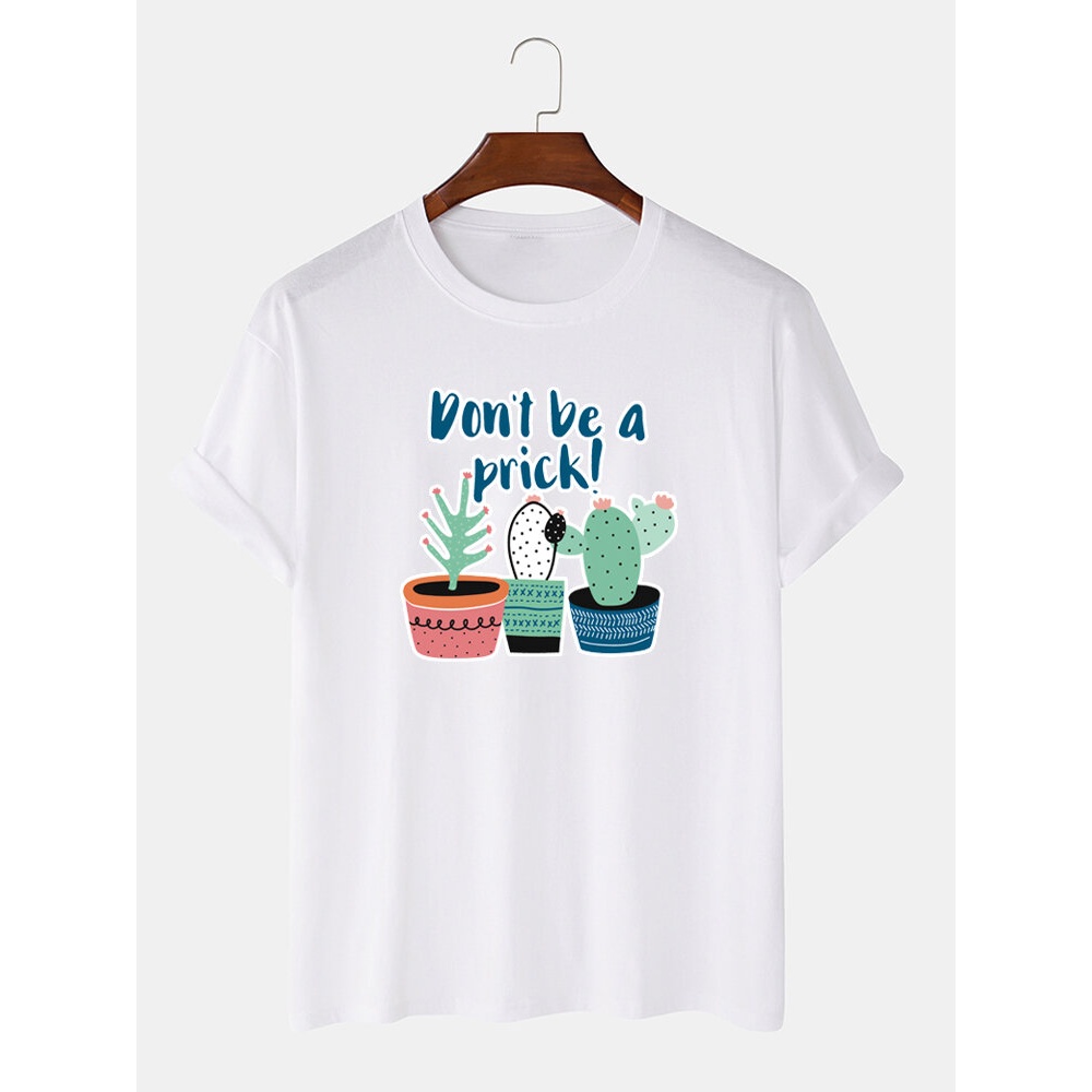 Men 100% Cotton Cartoon Cactus Printed Casual Short Sleeve T-Shirts - Black S