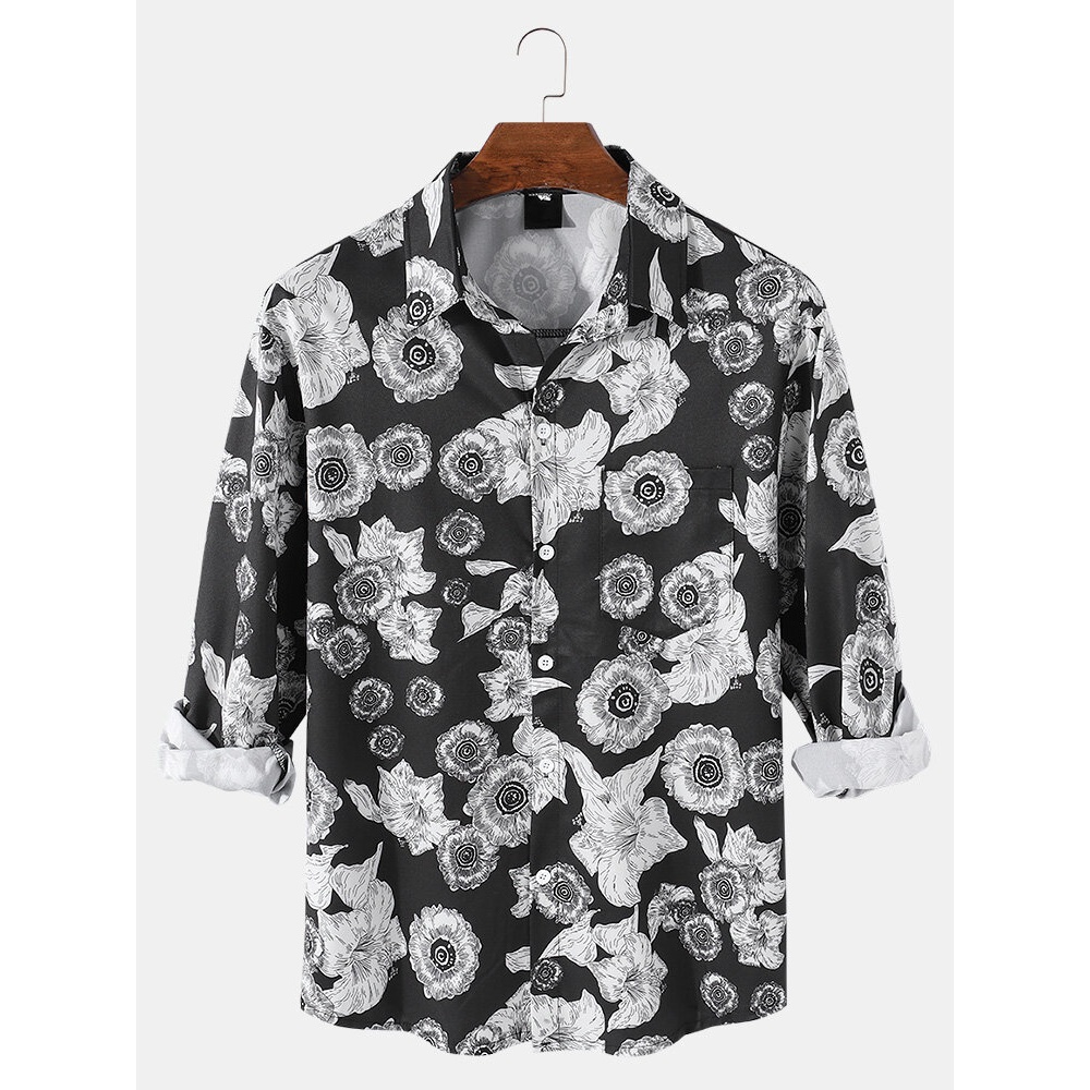 Mens Tonal Floral Print Lapel Collar Light Casual Long Sleeve Shirts - Black M