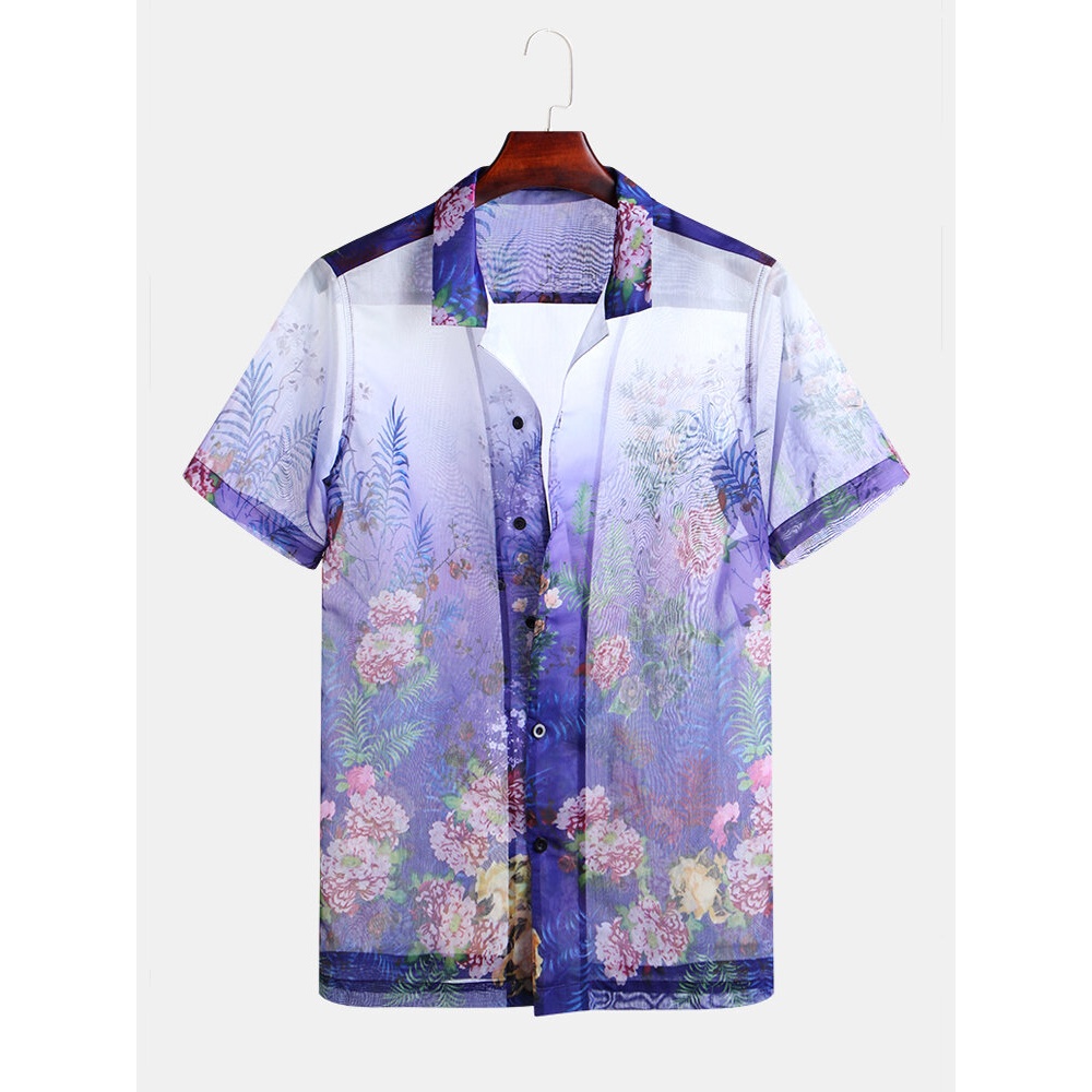 Mens Holiday Summer Floral Printed Short Sleeve Casual Shirts - L As Picture