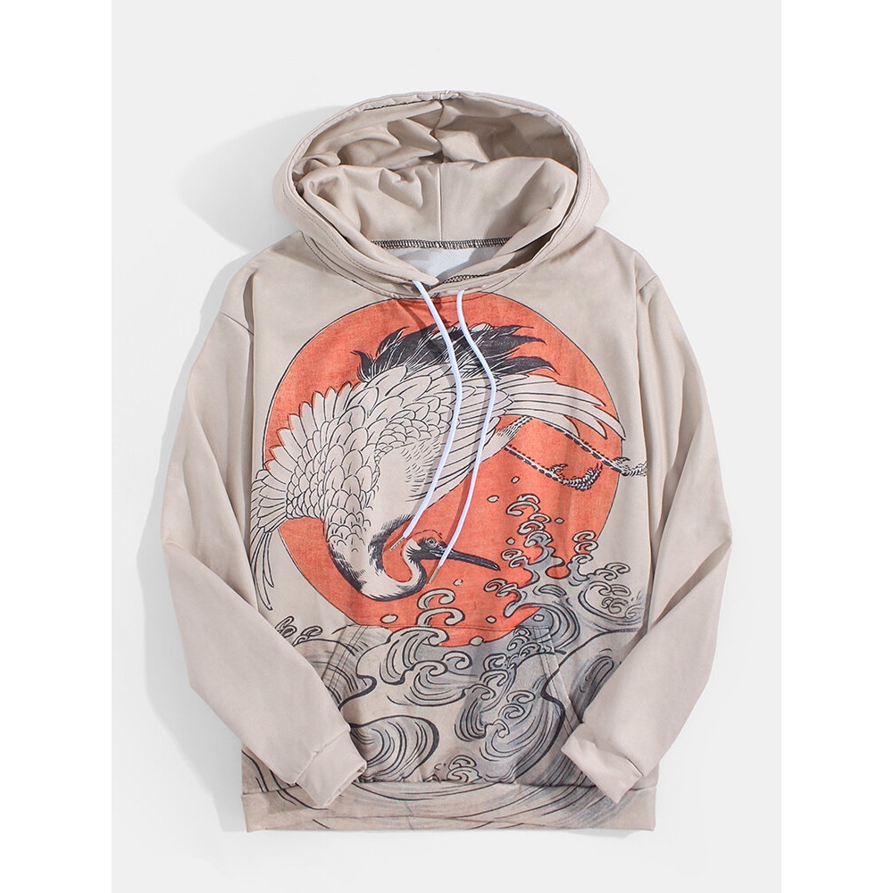 Mens Crant Print Ethnic Style Long Sleeve Ukiyoe Hoodies With Pocket - Apricot M