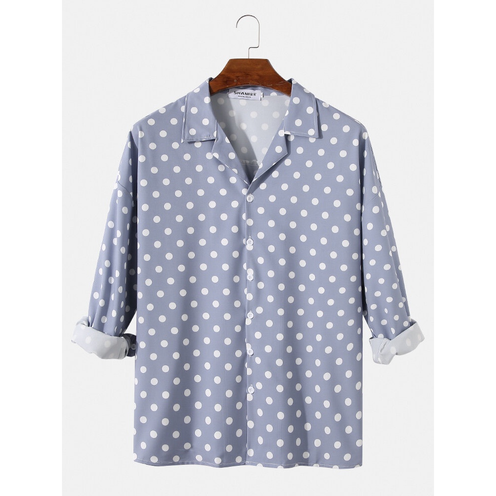 Mens Polka Dot Print Camp Collar Long Sleeve Casual Shirts - White L