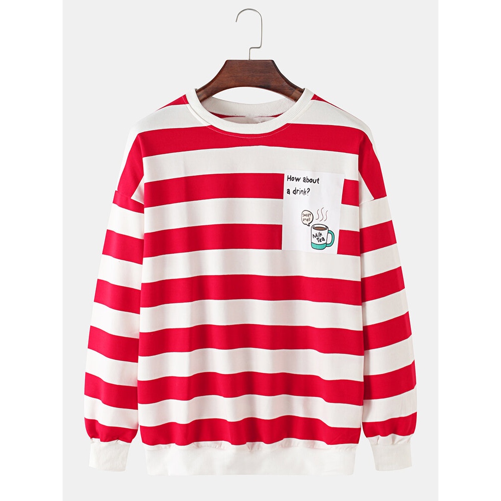 Mens Cotton Stripe & Letter Print Print Pullover Drop Shoulder Long Sleeve Sweatshirts - Black 3XL