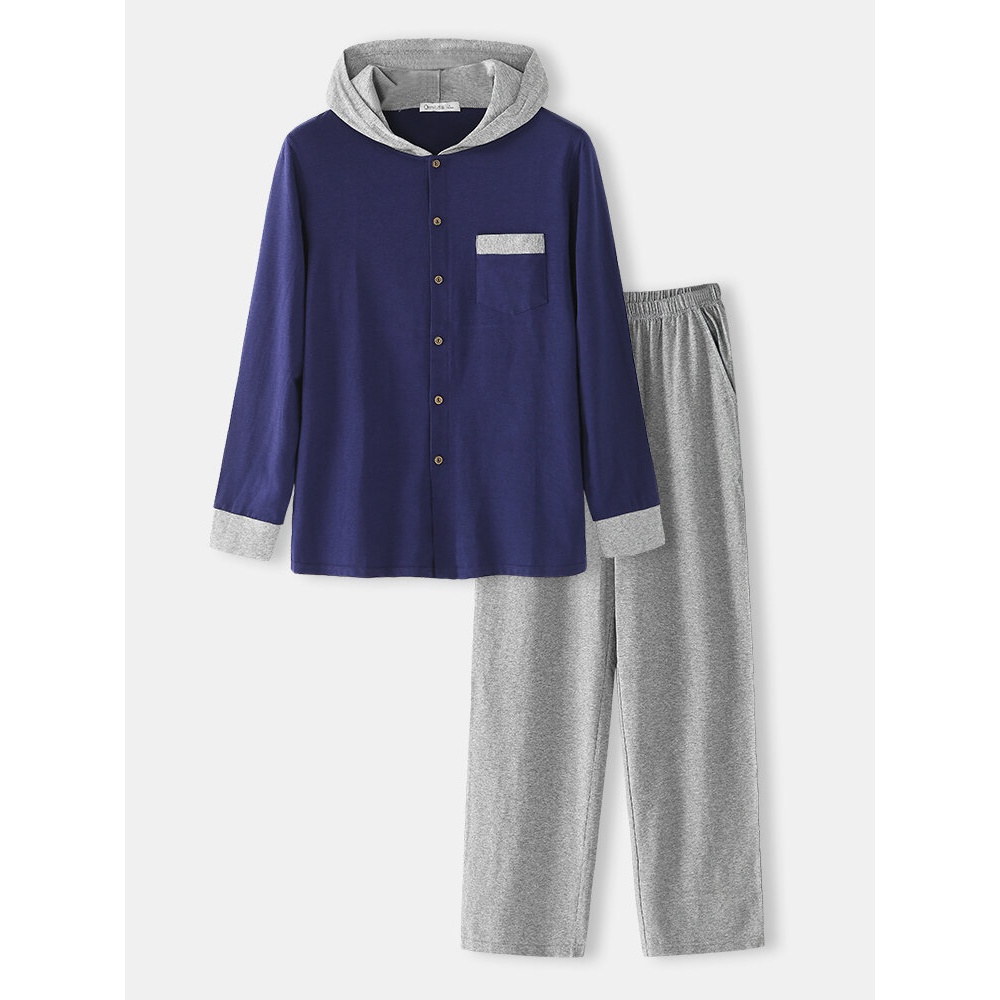 Mens Modal Knit Long Sleeve Hooded Top Home Casual Elastic Waist Lounge Pajamas Set - Navy S