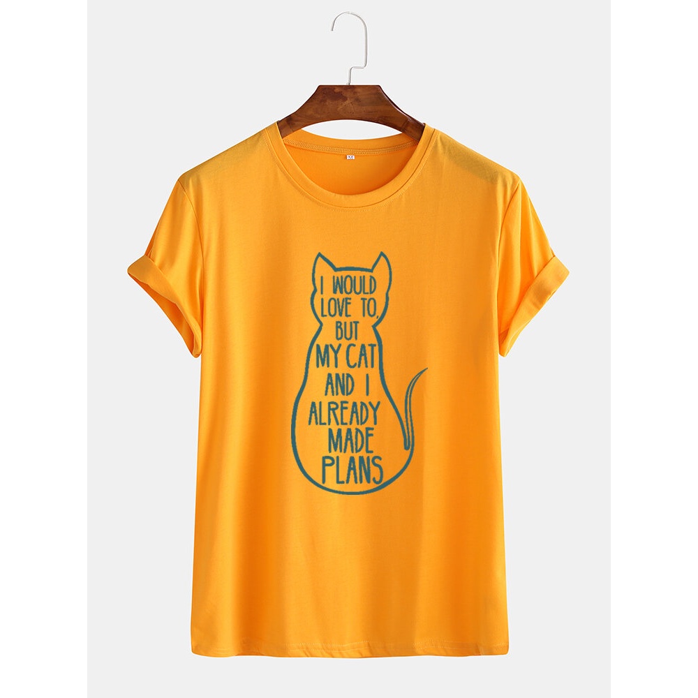 Mens Slogan Cat Printed Home Casual Round Neck Short Sleeve T-Shirts - White M