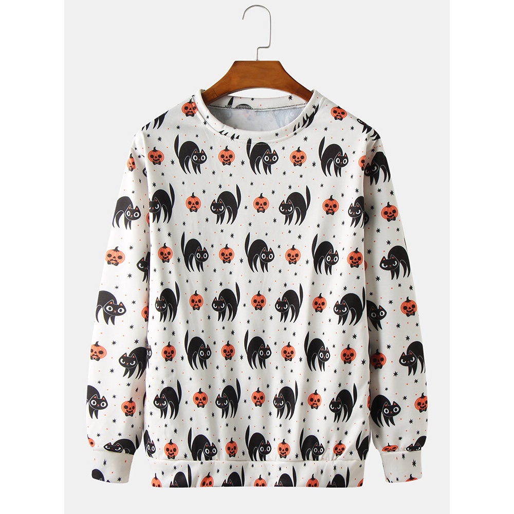 Mens  Cartoon Pumpkin & Cat Print Round Neck Pullover Long Sleeve Sweatshirts - Apricot L