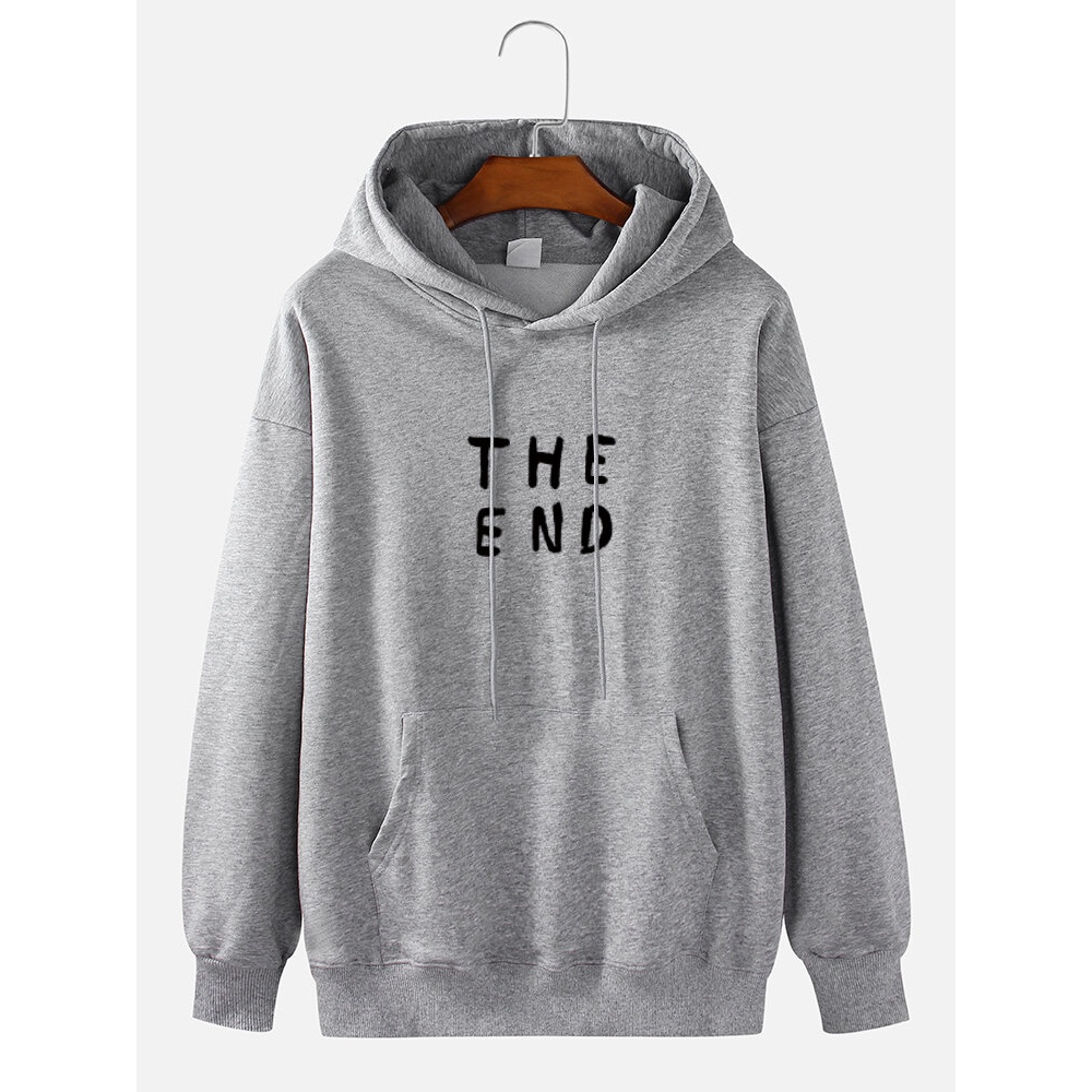 Mens 100% Cotton The End Letter Print Solid Color Daily Hoodie - White M