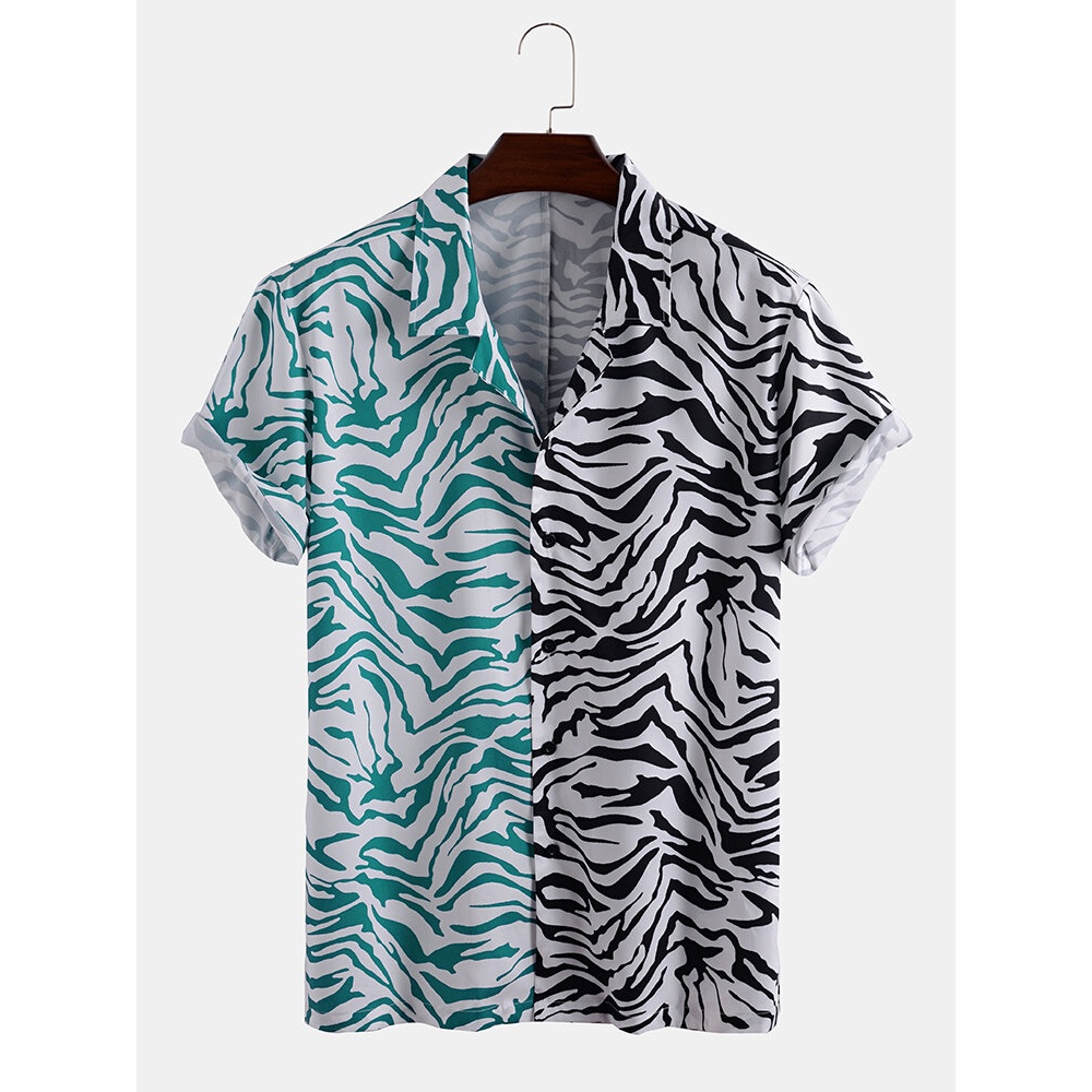 Men Green White Zebra Mixed Print Short Sleeve Casual Holiday Shirts - White 2XL