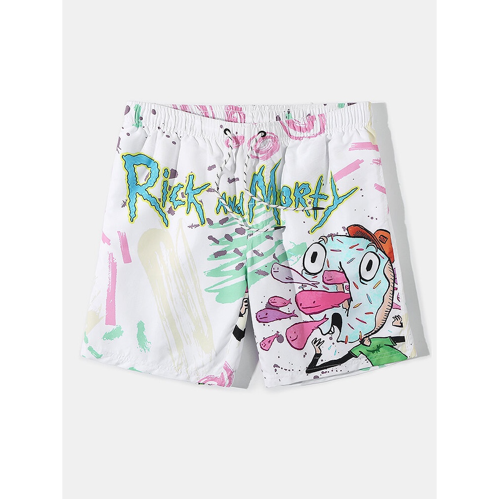 Mens Quick-Drying Cartoon Graffiti Print Drawstring Beach Shorts With Pocket - White S