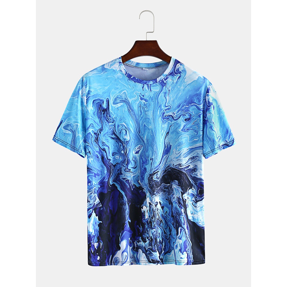 Mens Summer 3D Printed Crew Neck Short Sleeve Casual T-Shirt - L Blue