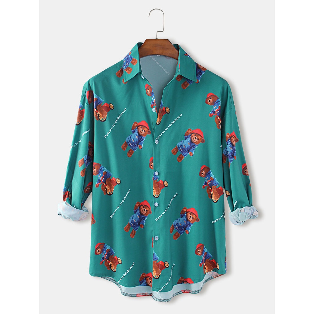 Funny Cartoon Bear Print Button Up Long Sleeve Cute Shirts For Men - Green L