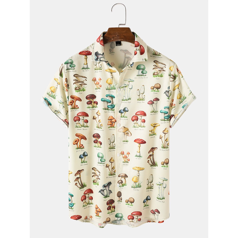 Mens Allover Mushroom Pattern Print Community Spirit Short Sleeve Shirt - Apricot S