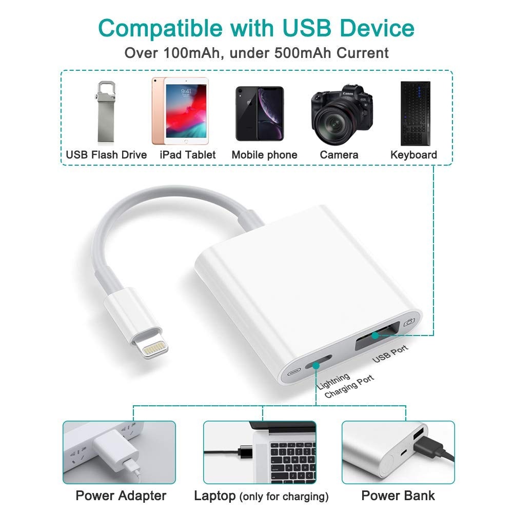 USB Camera Adapter Female OTG Converter Charging Interface Compatible with Phone 11 Pro X 8 7 6 Pad white - Image 2