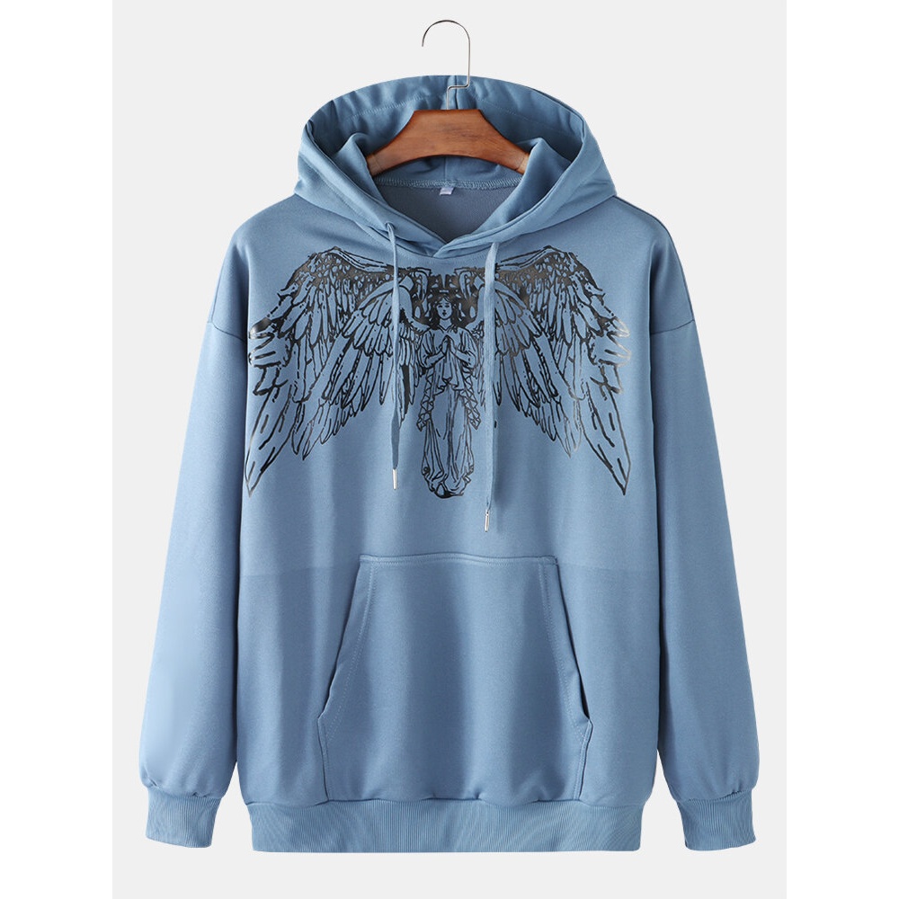 Men Angel Graffiti Print Simple Long Sleeve Hoodies With Pocket - Grey XL