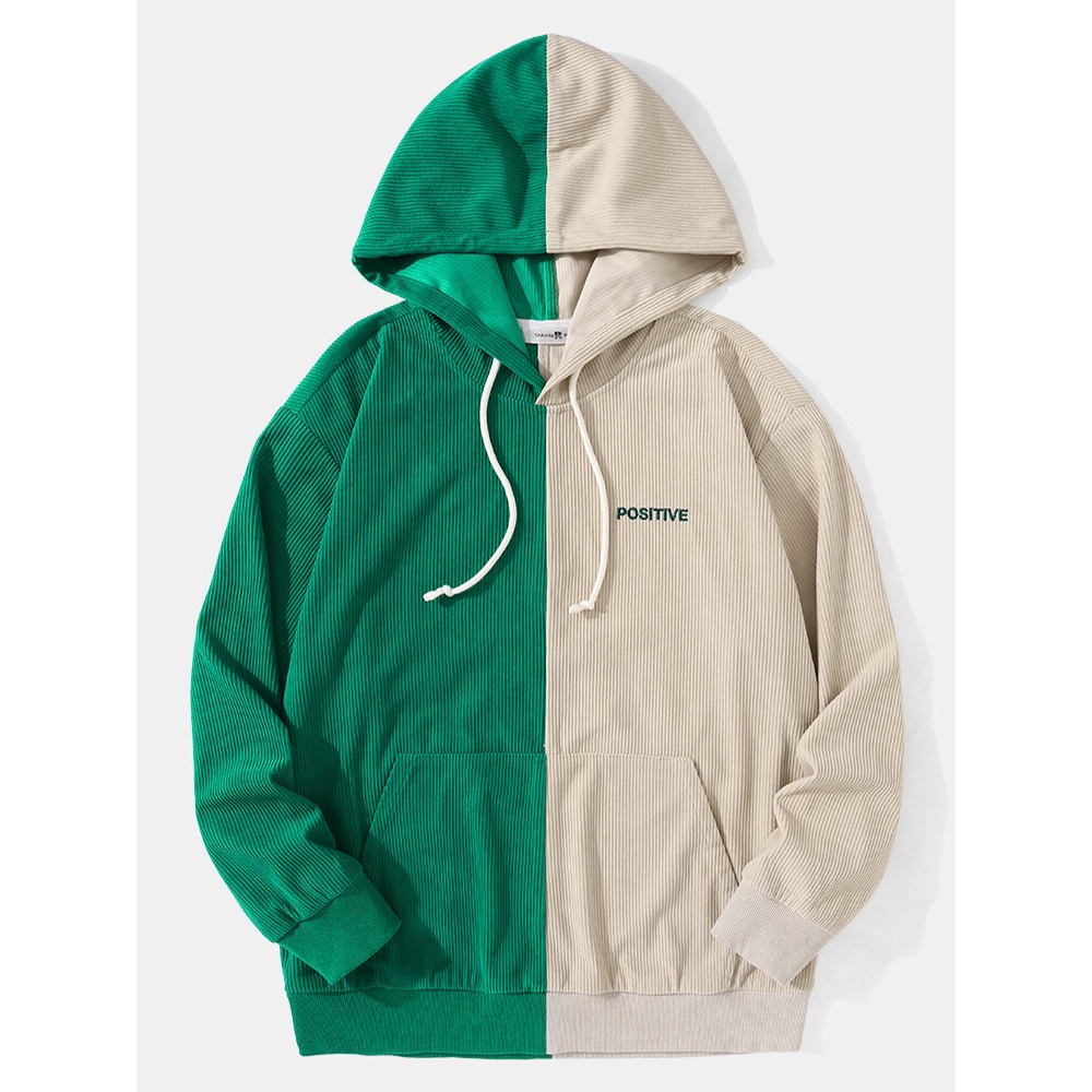 Men Corduroy Green Patchwork Letter Casual Hooded Sweatshirt - Green S