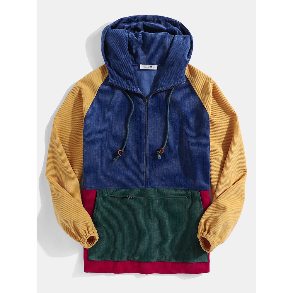 Mens Vintage Corduroy Half Zipper Front Pocket Pullover Hoodies - Blue S
