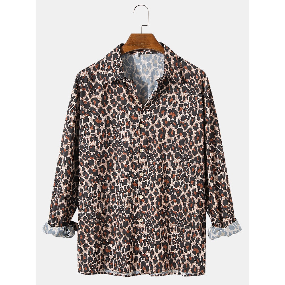 Mens Leopard Printed Button Lapel Casual Long Sleeve Shirts - White L