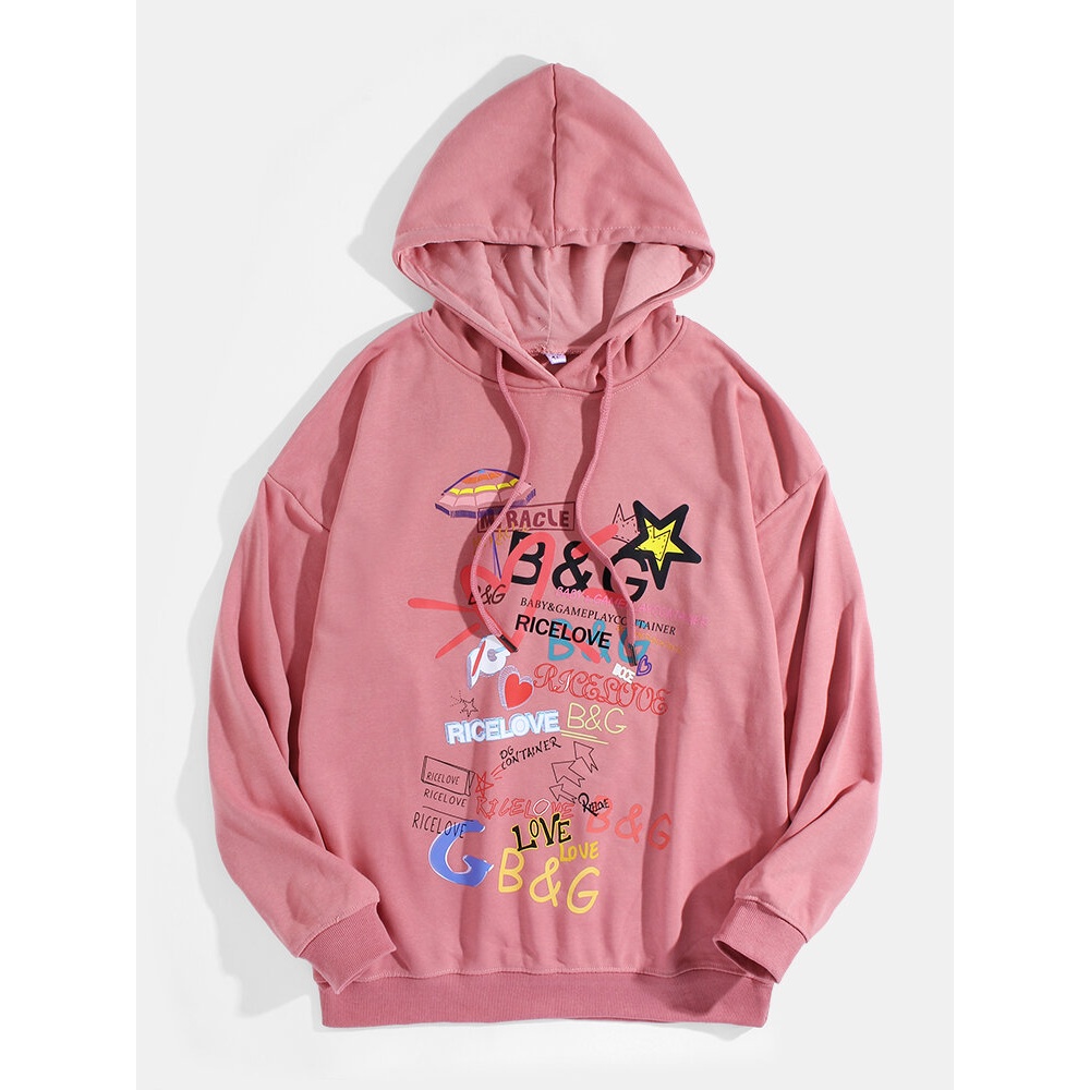 Mens Funny Graffiti Print Drop Shoulder Long Sleeve Hoodies - White XL