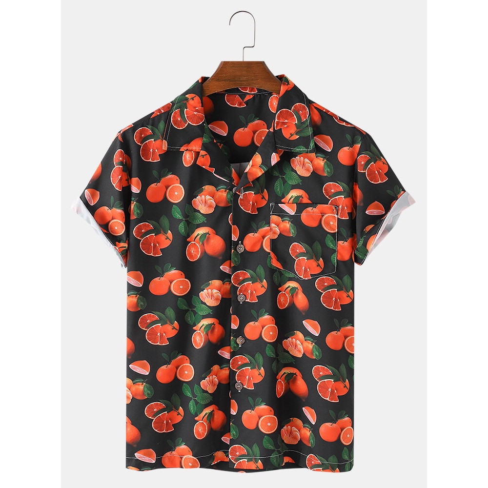 Men Orange Fruit Print Short Sleeve Pocket Revere Collar Casual Shirts - Black S