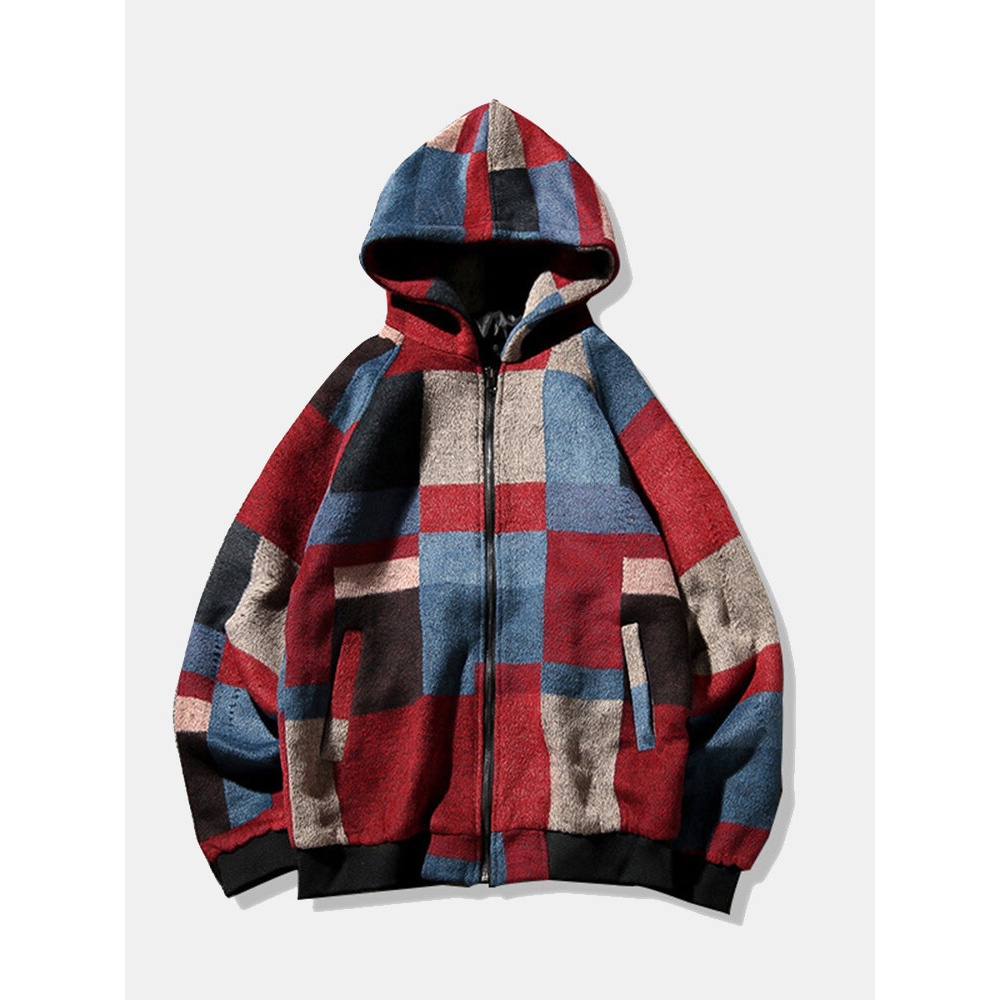 Men Tartan Literary Cardigan Zipper Hooded Sweatshirt - 4XL Black