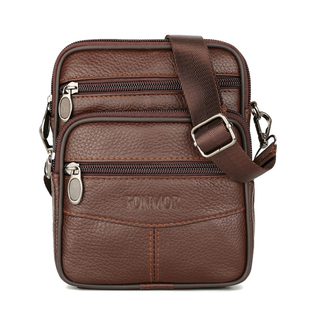 Men Genuine Leather Shoulder Bag Handbag Messenger Crossbody Waist Bag Phone Pouch Outdoor Travel - Brown