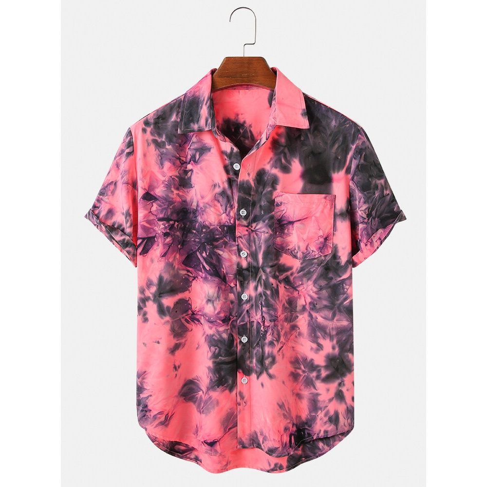 Mens Tie-dye Print Turn Down Collar Short Sleeve Shirts - Pink M