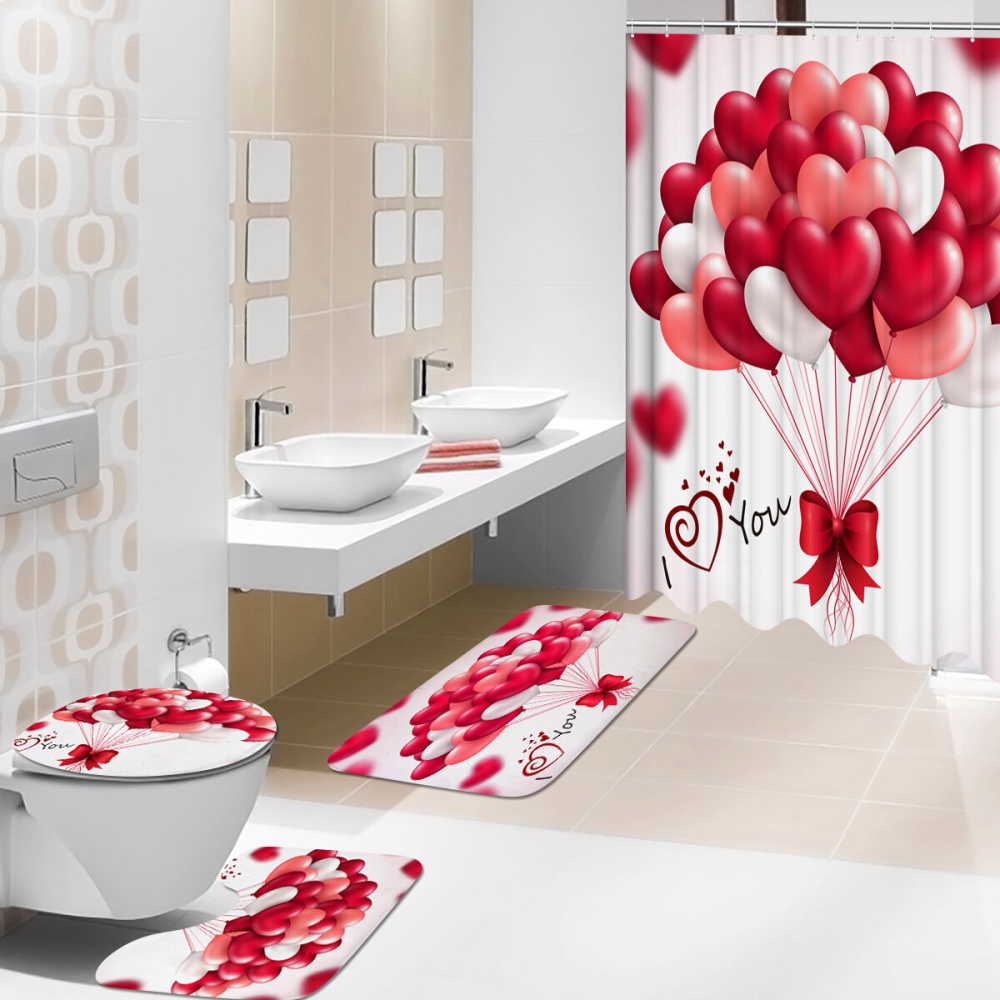 180x180CM Red Balloon Waterproof Shower Curtain 3-in-1 Anti-slip Odorless Dustproof Bath Mat Kit - Floor Mat - Image 2