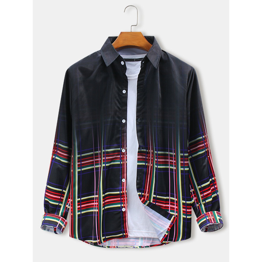Mens Gradient Plaid Print Lapel Collar Long Sleeve Design Shirts - Red L
