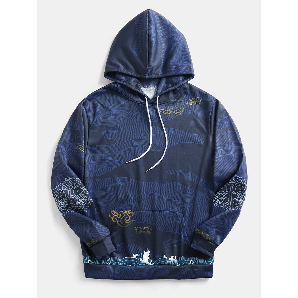Mens Dark Blue Flying Crane Printed Drawstring Hoodies - Blue XXL