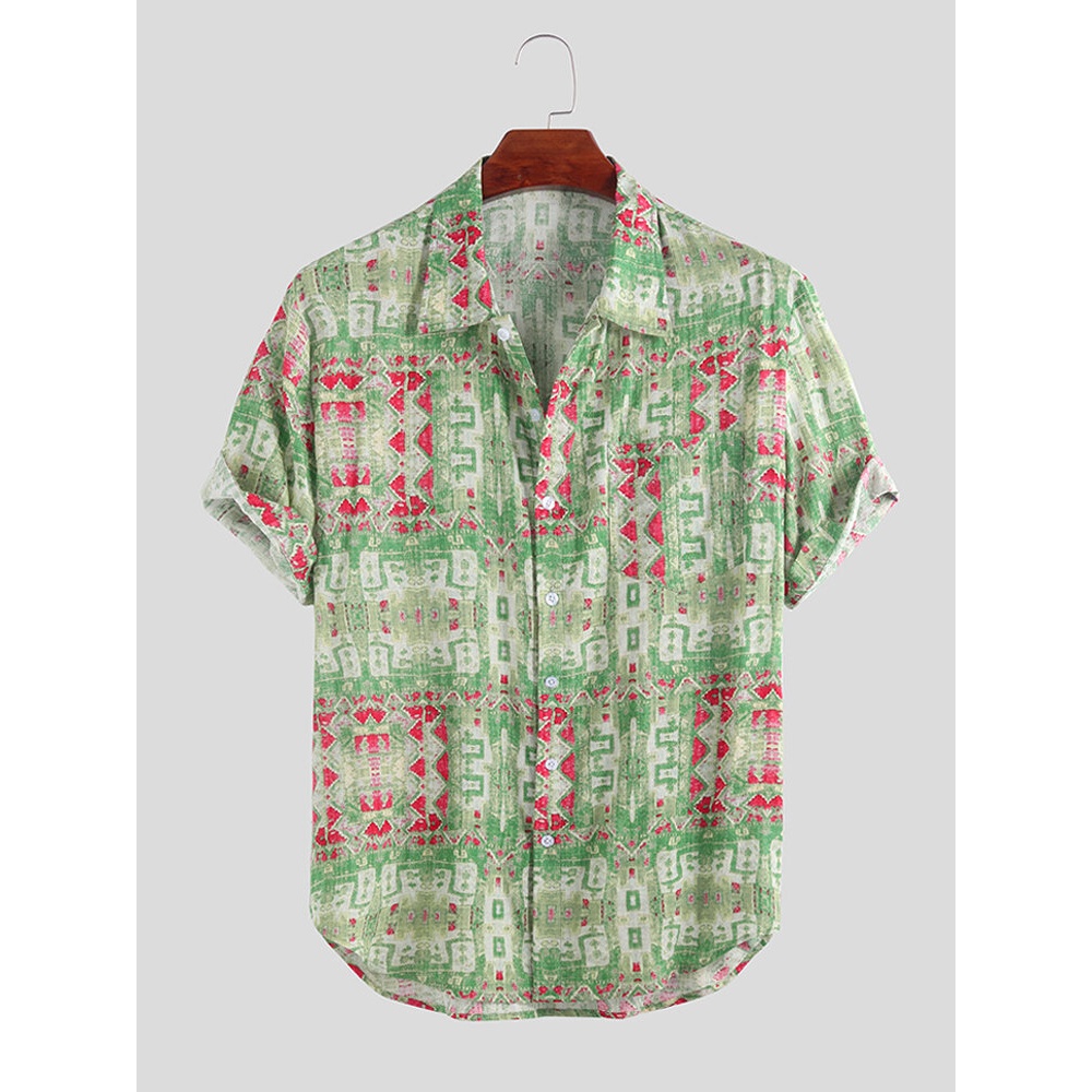 Abstract Batik Printing Short Sleeve Loose Shirts - 2XL Green