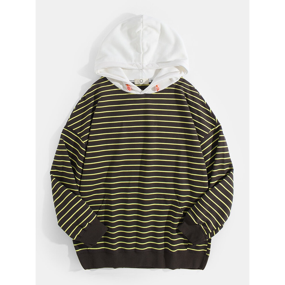 Mens Striped Drop Shoulder Long Sleeve Drawstring Hoodies - Coffee XL