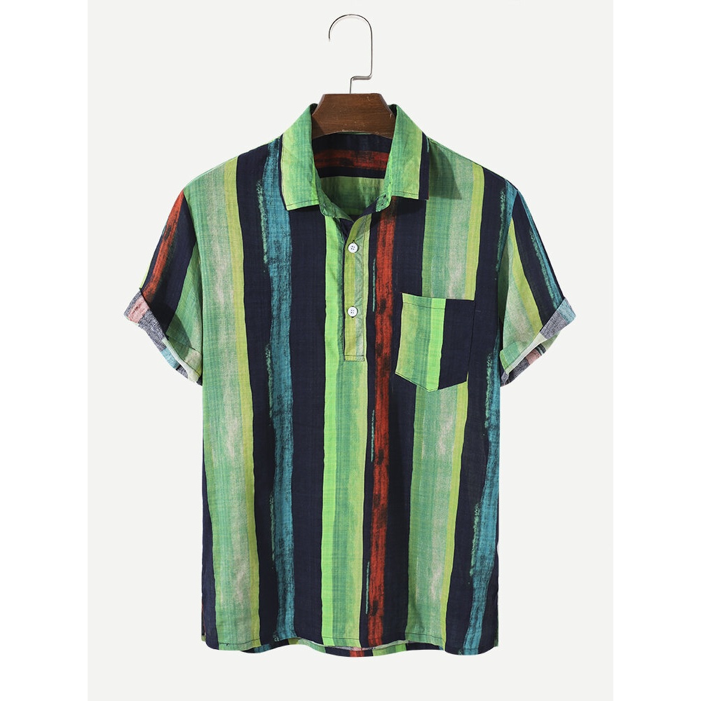 Mens 100% Cotton Vintage Striped Pocket Shirts - Orange S