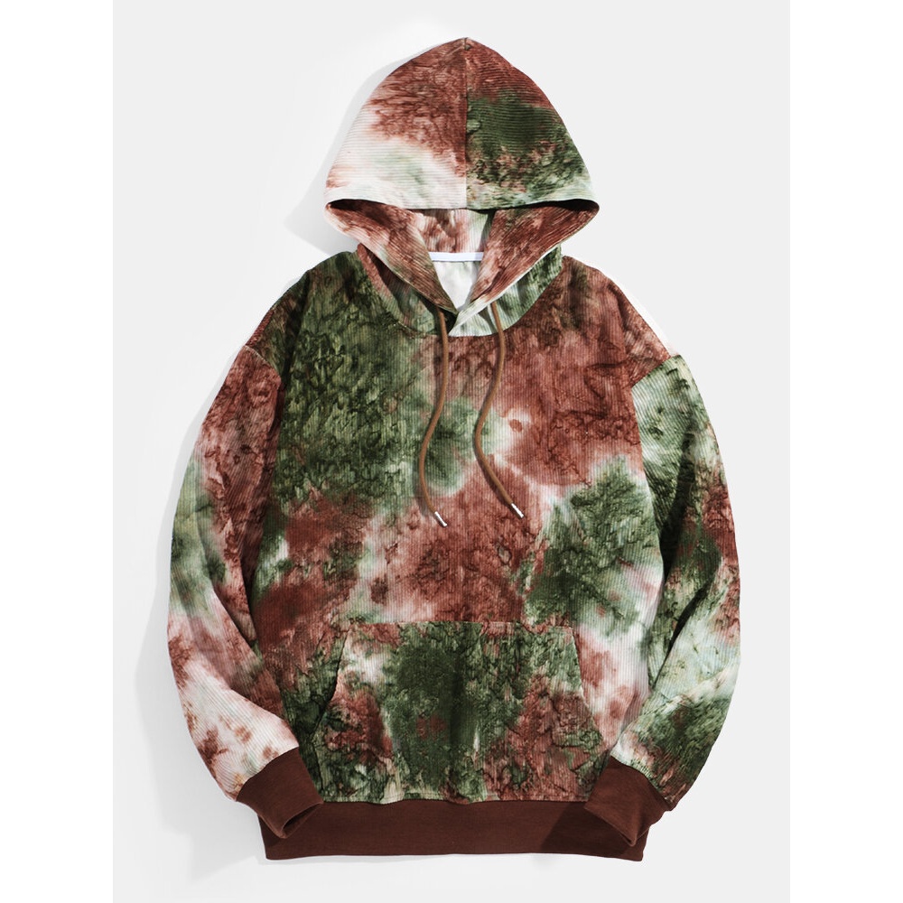 Mens Tie Dye Corduroy Kangaroo Pocket Long Sleeve Hoodies - S Green