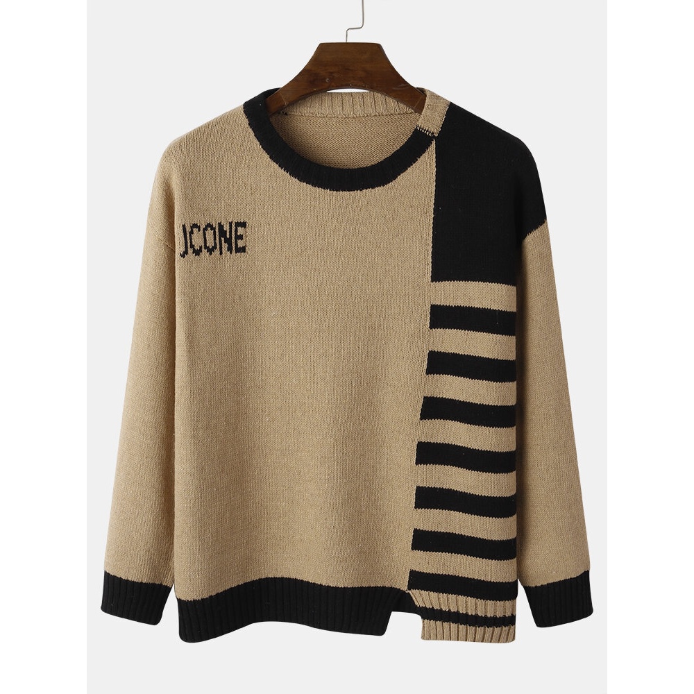 Mens Letter & Stripe Round Neck Knitted Long Sleeve Sweaters - XL White