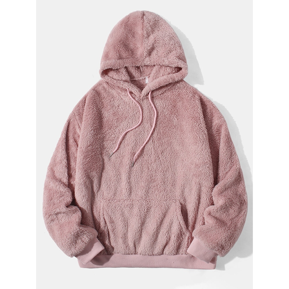 Mens Solid Color Plush Pouch Pocket Fluffy Long Sleeve Hoodies - Grey M