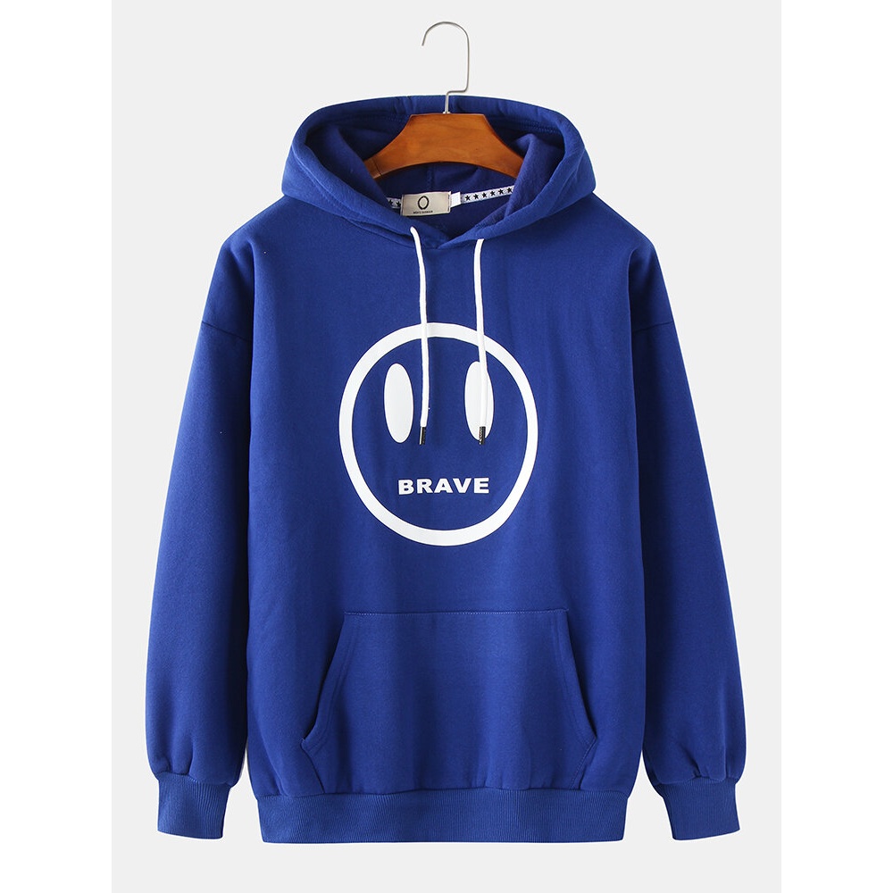 Mens Cute Emojis Print Drop Shoulder Kangaroo Pocket Cotton Drawstring Hoodies - Black L