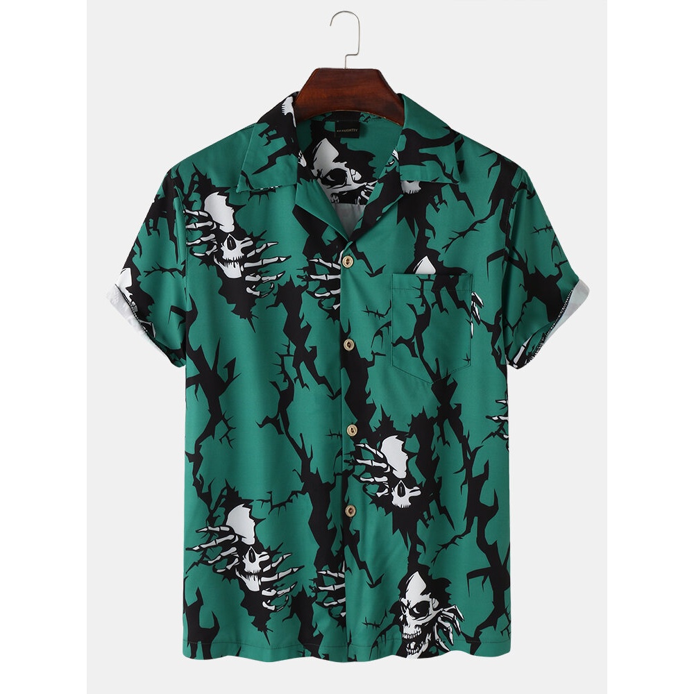 Mens Casual Revere Collar Skull Print Pocket Shirts - White M