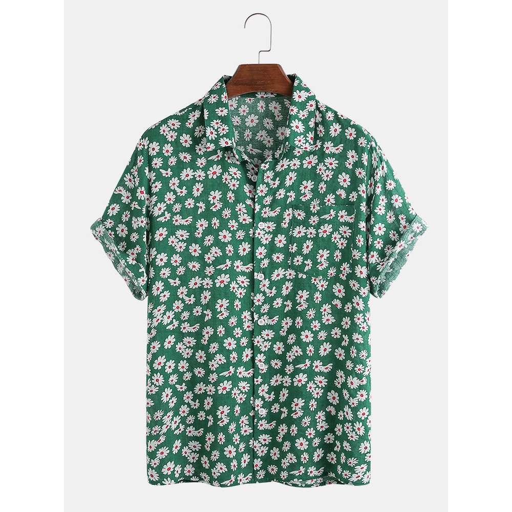 Men Daisy Spray Floral Printed Cotton Holiday Casual Short Sleeve Shirts - Blue XL