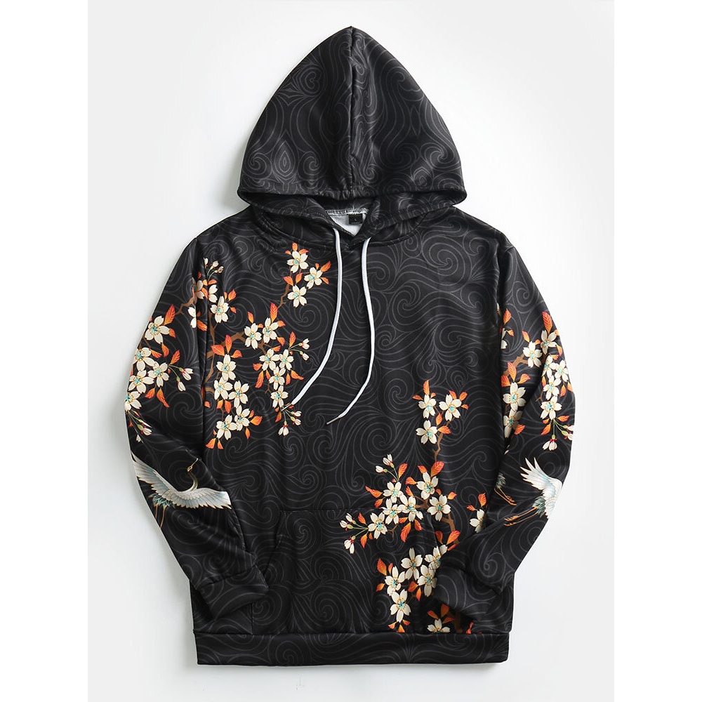 Mens White Crane Floral Printing Ethnic Style Pocket Hoodies - Black S
