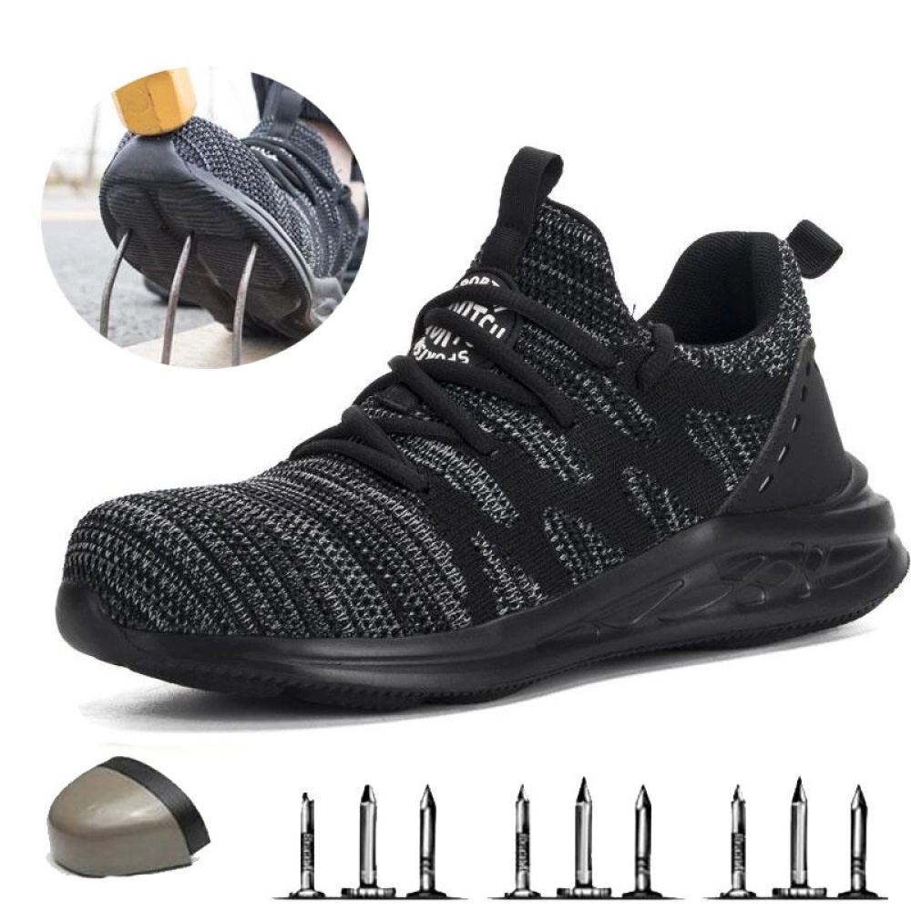 TENGOO Labor Shoes Lightweight Breathable Smash-proof Puncture-proof Safety Work Shoes Men Hiking Shoes - Black 41 Yard EU