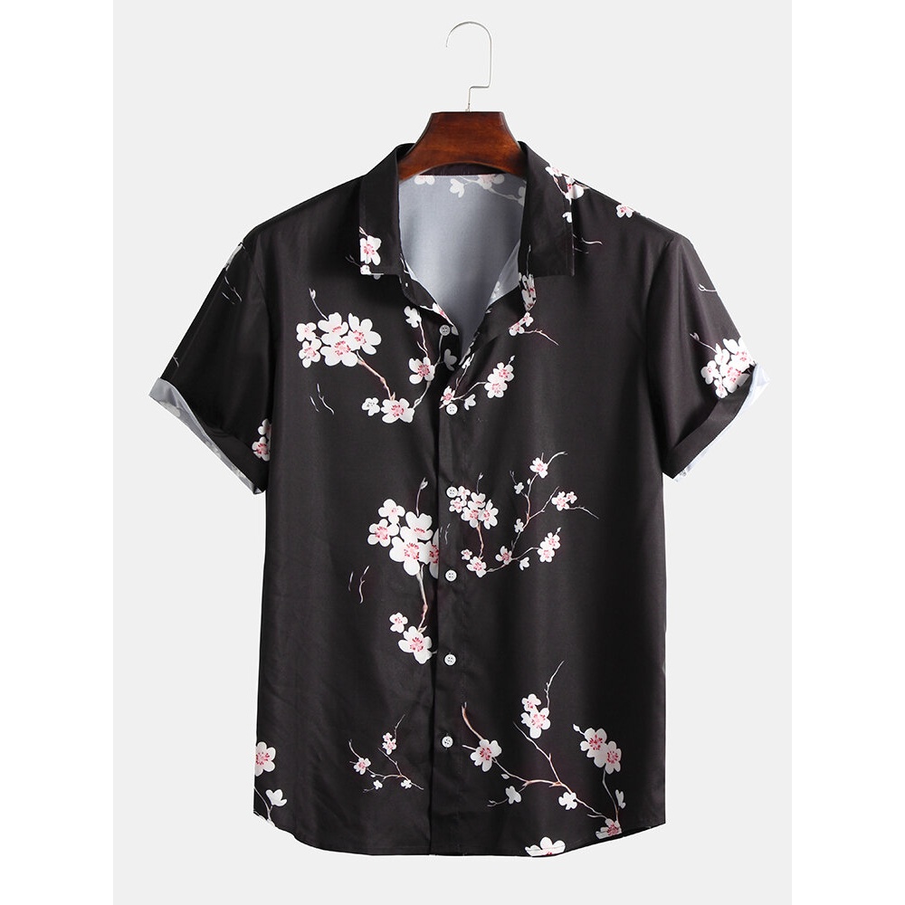 Mens Summer Fashion Plum Floral Printed Casual Shirts - 2XL White