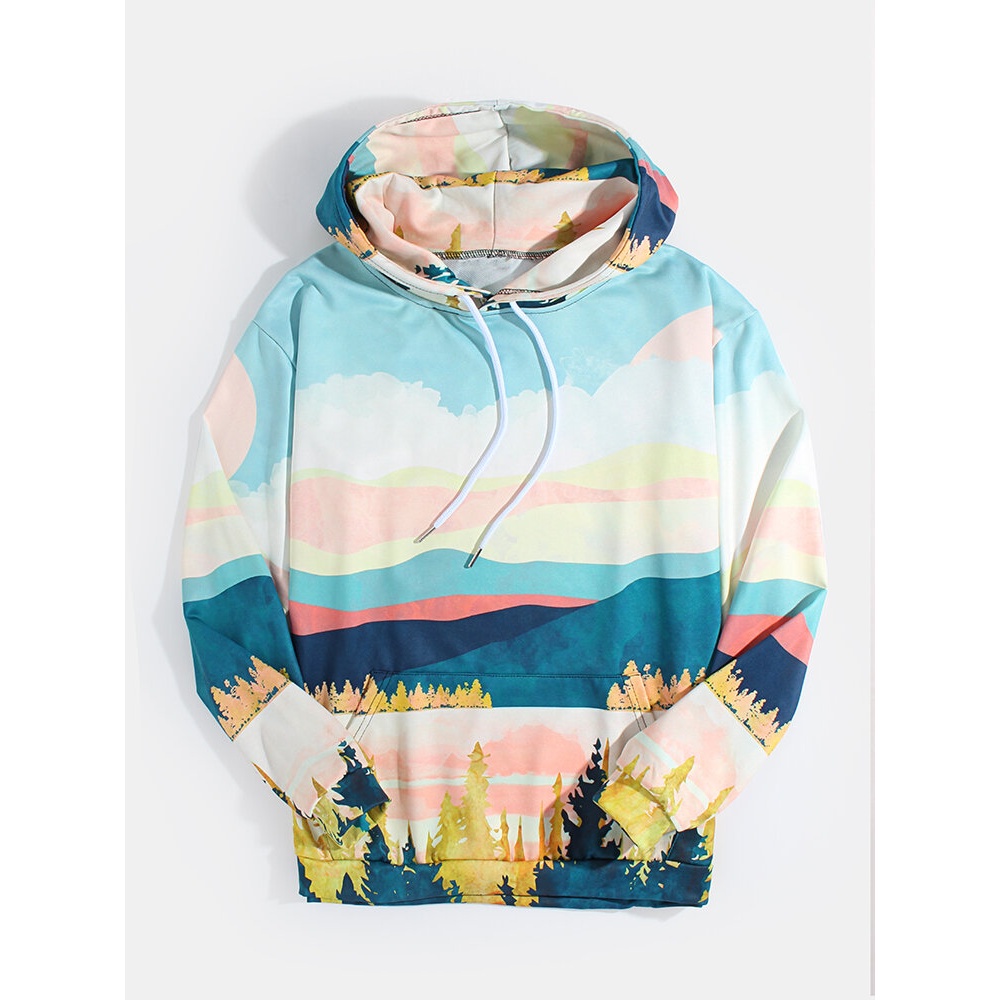 Mens Colorful Landscape Print Long Sleeve Hoodies With Pouch Pocket - L Pink