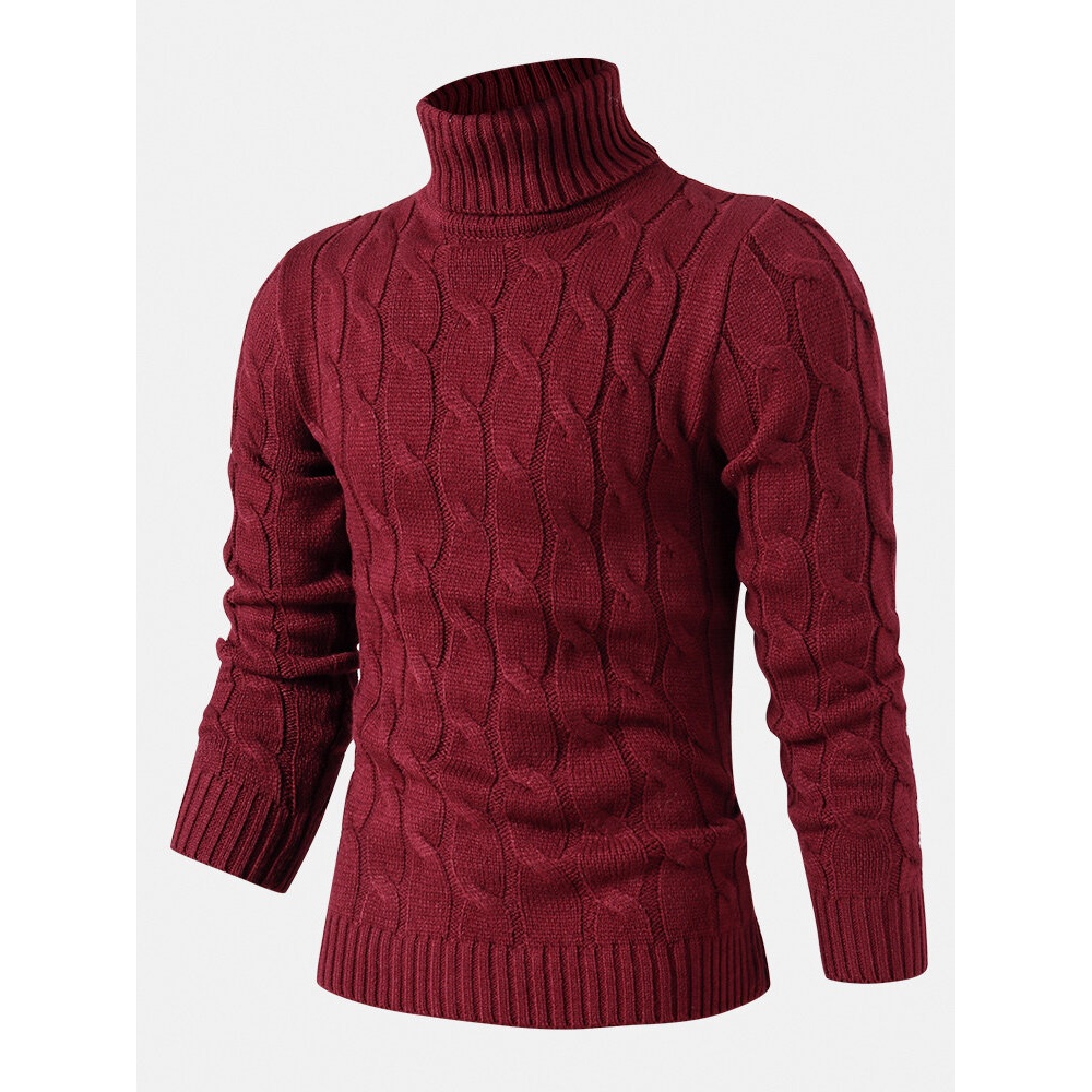 Mens Twisted Knitted High Neck Solid Color Casual Basic Sweater - White S