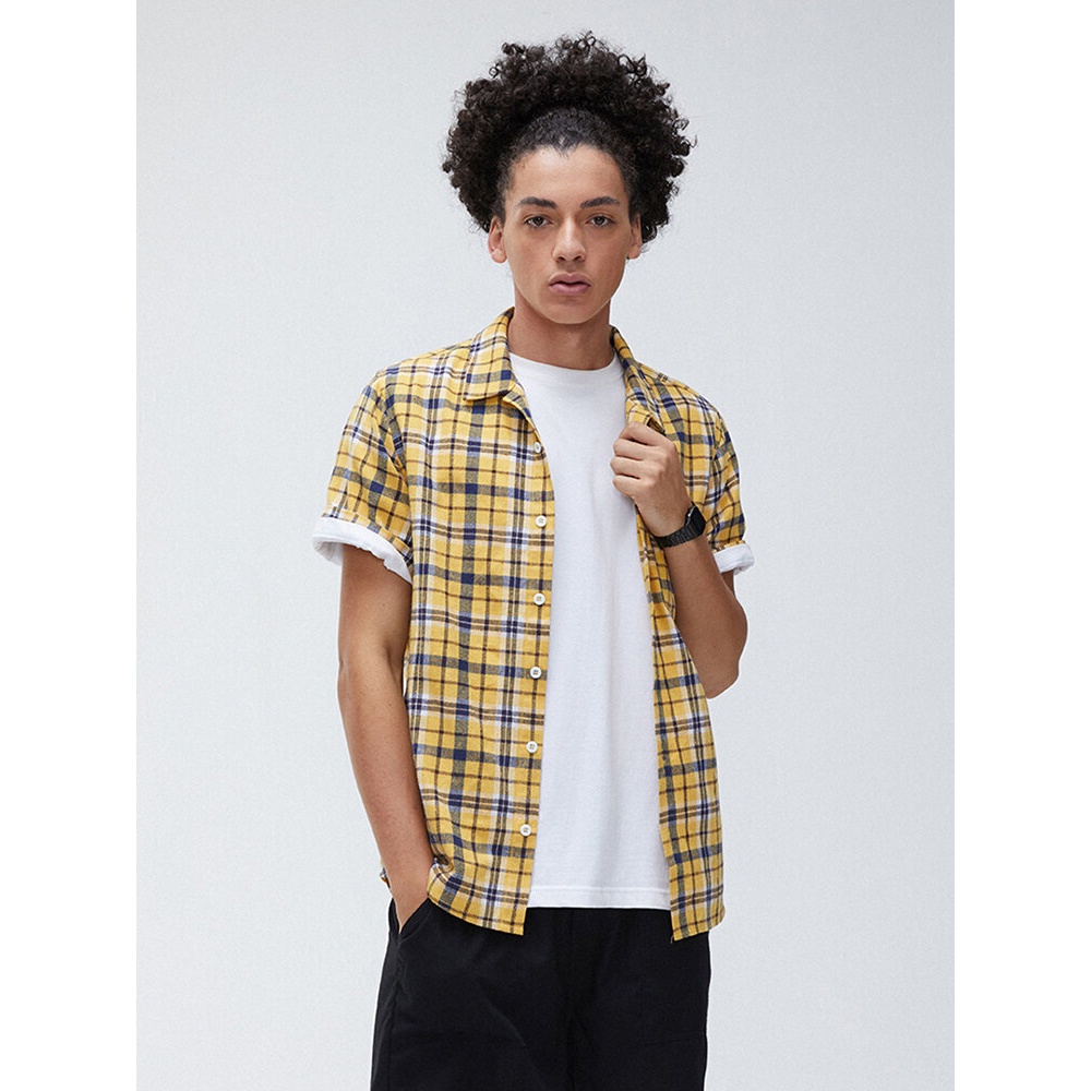 Men 100% Cotton Plaid Print Casual Loose Lapel Short Sleeve Shirts - Yellow M