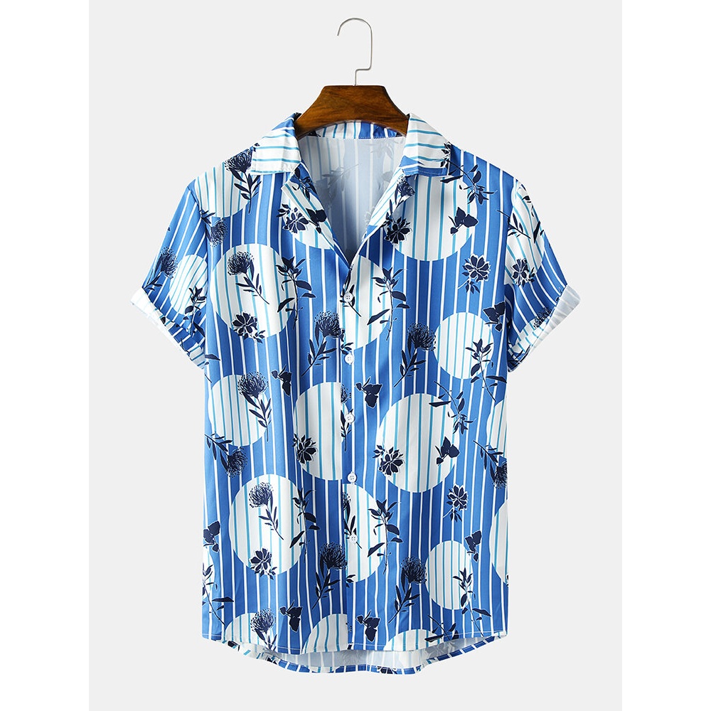 Mens Flower Print Stripe Revere Collar Short Sleeve Shirt - Blue S
