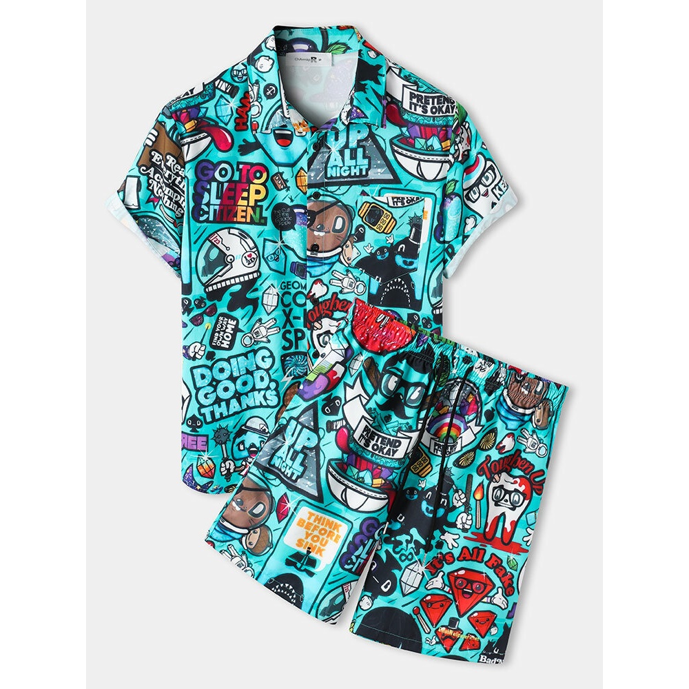 Mens Funny Graffiti Character Cartoon Print Short Sleeve Causla Shorts Shirts - Green S