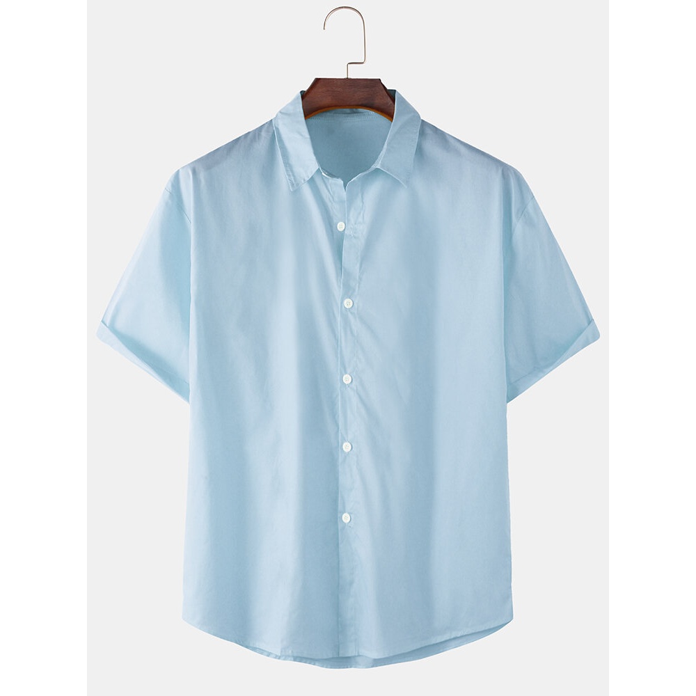 Mens Solid Color Basic Cotton Breathable Short Sleeve Shirts - White S