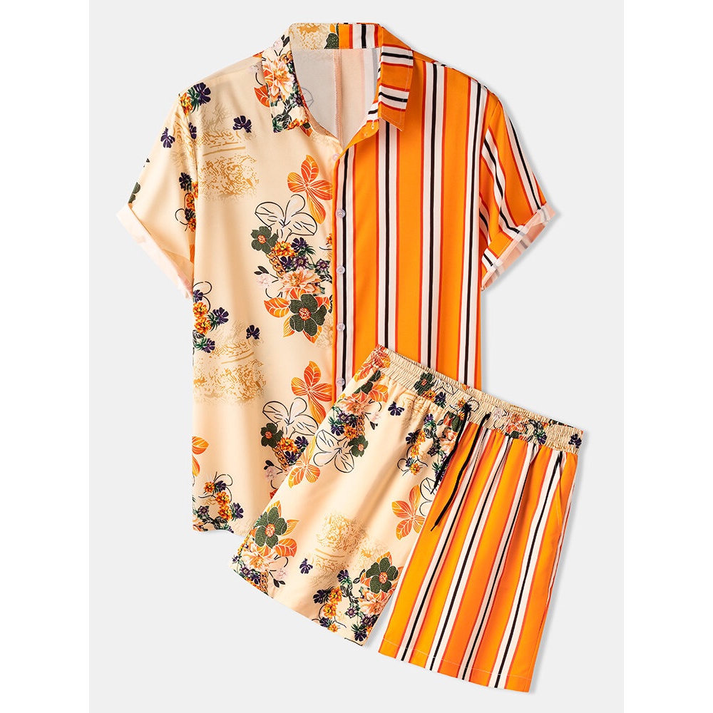 Mens Floral Print Patchwork Stripe Top Drawstring Casual Sets - Orange L