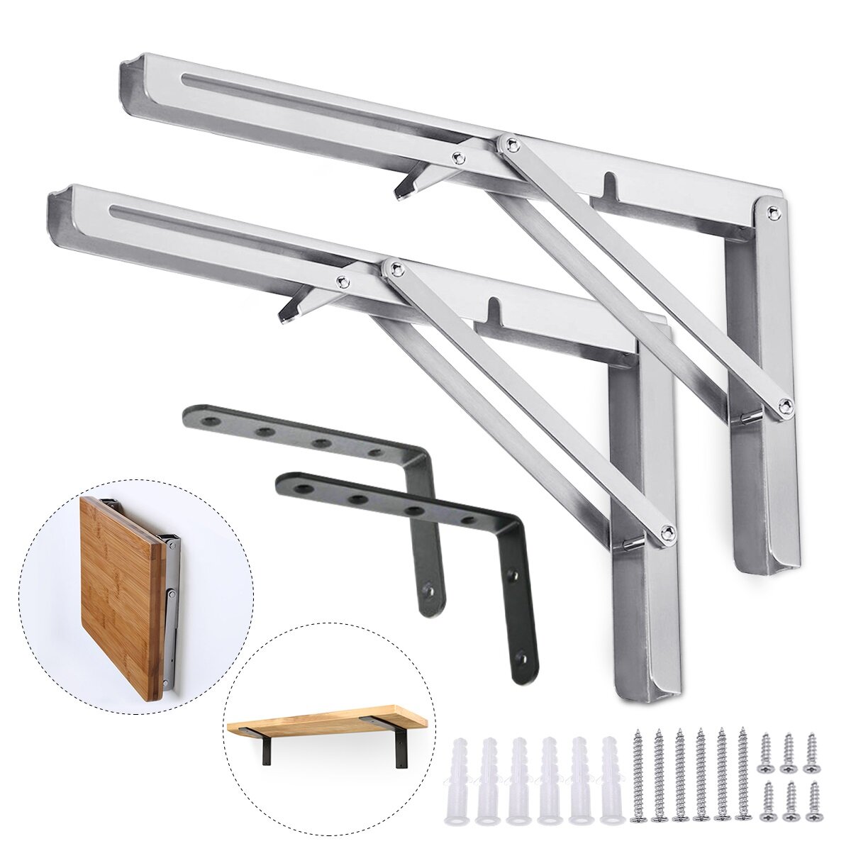 Kingdoway 4PCS/ Set Folding Stainless Steel Wall Mounted Shelves Floating Hanging Shelf Board Support Holder - 2