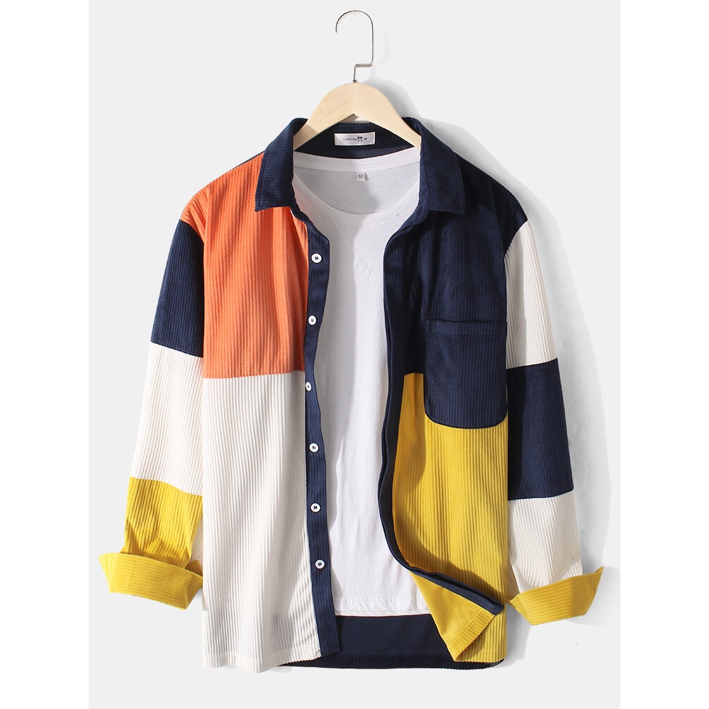 Mens Multi-Color Block Patchwork Corduroy Designer Lapel Shirts - S Navy